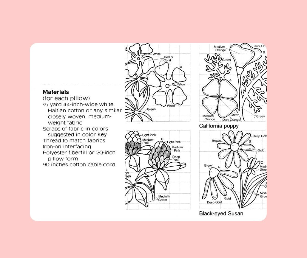 Vintage Sewing Pattern 20" Wildflower Applique Pillows 8 Floral Designs PDF Instant Digital Download