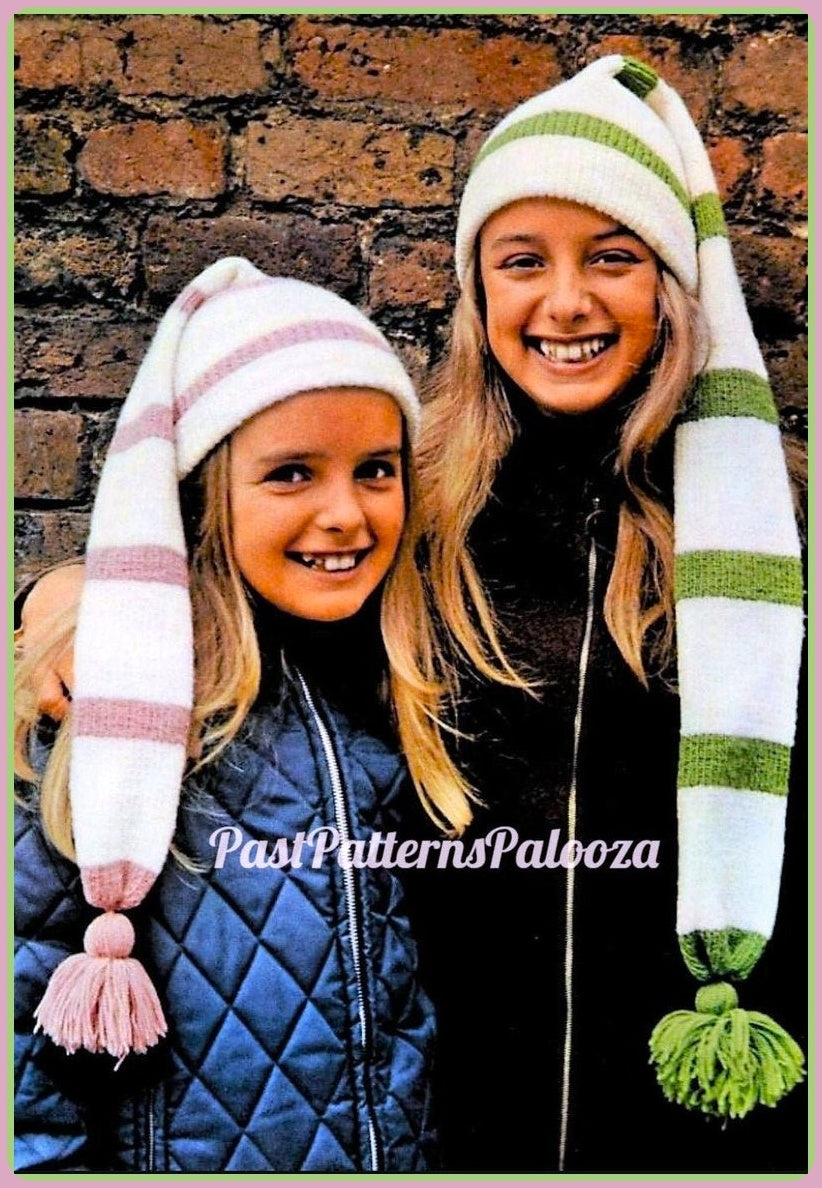 Vintage Knitting Pattern Childs Girls Long Striped Stocking Cap Hat PDF Instant Digital Download Quick Easy Retro Scarf-Hat 4 Ply