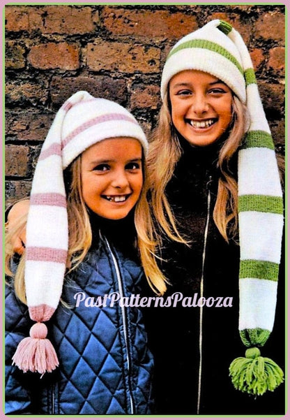 Vintage Knitting Pattern Childs Girls Long Striped Stocking Cap Hat PDF Instant Digital Download Quick Easy Retro Scarf-Hat 4 Ply