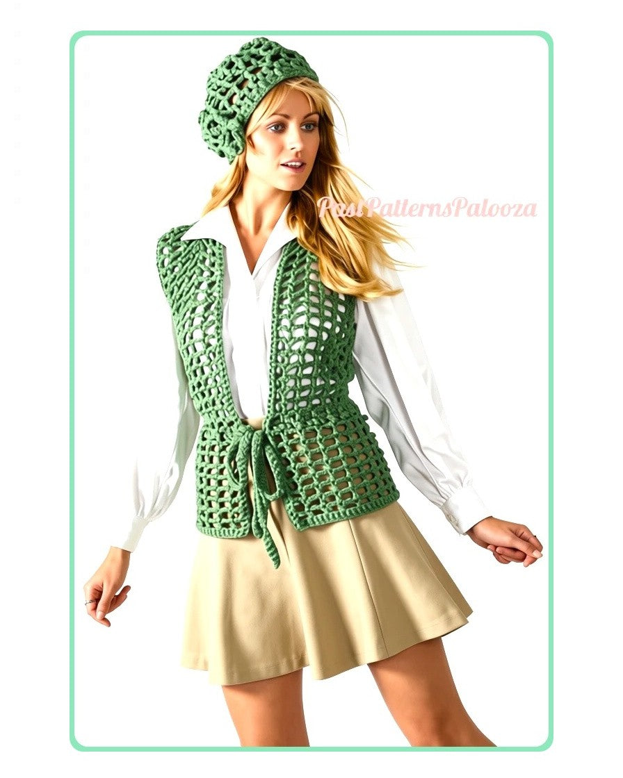 Vintage Crochet Pattern Womens Retro Lacy Vest and Beret Hat Set Boxy Openwork PDF Instant Digital Download Groovy Mod Boho 4 Ply