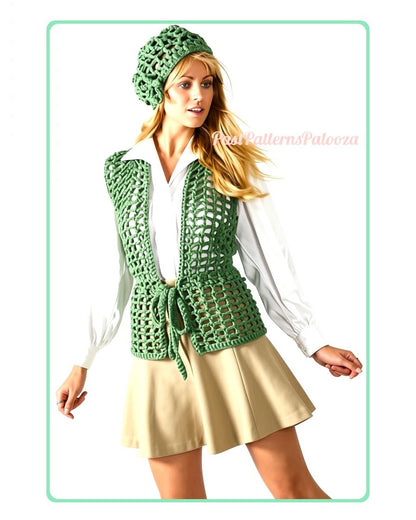 Vintage Crochet Pattern Womens Retro Lacy Vest and Beret Hat Set Boxy Openwork PDF Instant Digital Download Groovy Mod Boho 4 Ply