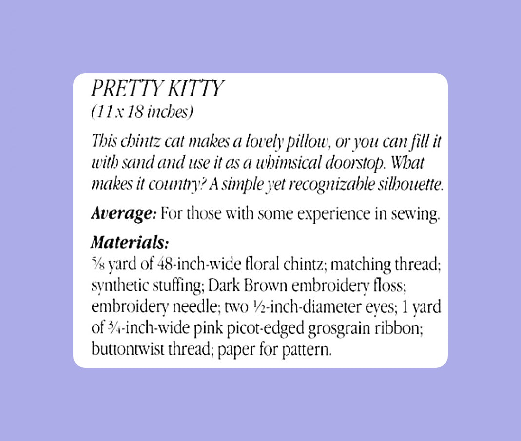 Vintage Sewing Pattern 18" Pretty Kitty Floral Chintz Fabric Cat Toy Pillow Doll PDF Instant Digital Download Sewn Soft Country Cat