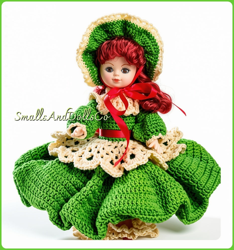 Vintage Doll Crochet Pattern Irish Erin Girl St Patrick's Day Pretty Dress Outfit PDF Instant Digital Download 10 Ply 11.5 Inch Fashion Doll