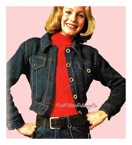 Vintage Knitting Pattern Womens Teens Faux Denim Jean Jacket PDF Instant Digital Download Cute Retro Stitched Denim-Look Top