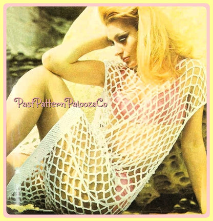 Vintage Crochet Pattern Womens Mesh Fishnet Beach CoverUp Tunic PDF Instant Digital Download 70s Boho Bohemian Lace Swimsuit Shift Cover Up