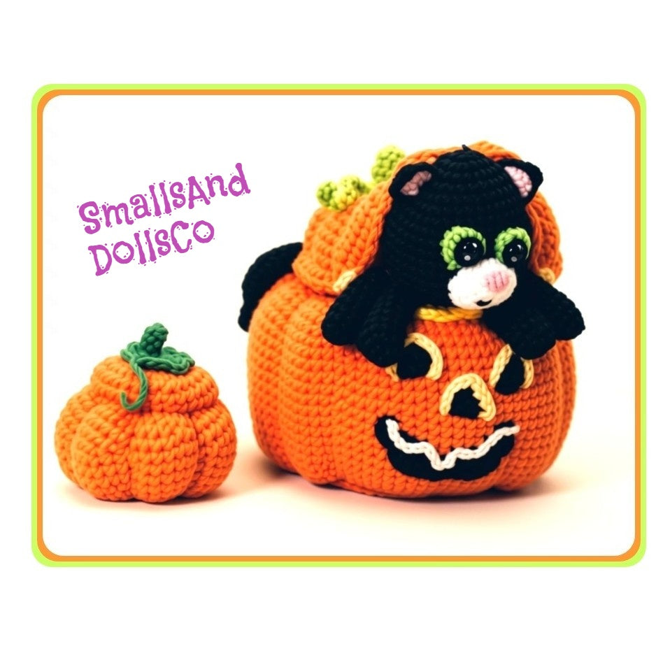 Vintage Crochet Pattern 8" Black Halloween Cat in Jack-O-Lantern Candy Bowl 4" Pumpkin Candy Cup PDF Instant Digital Download