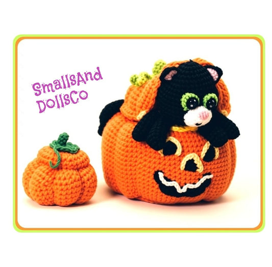 Vintage Crochet Pattern 8" Black Halloween Cat in Jack-O-Lantern Candy Bowl 4" Pumpkin Candy Cup PDF Instant Digital Download