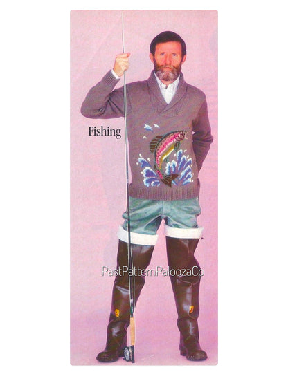 Vintage Knitting Pattern Mens Rainbow Trout Fishing Sweater Pullover Crossover Neck PDF Instant Digital Download Fishermans Delight DK Yarn