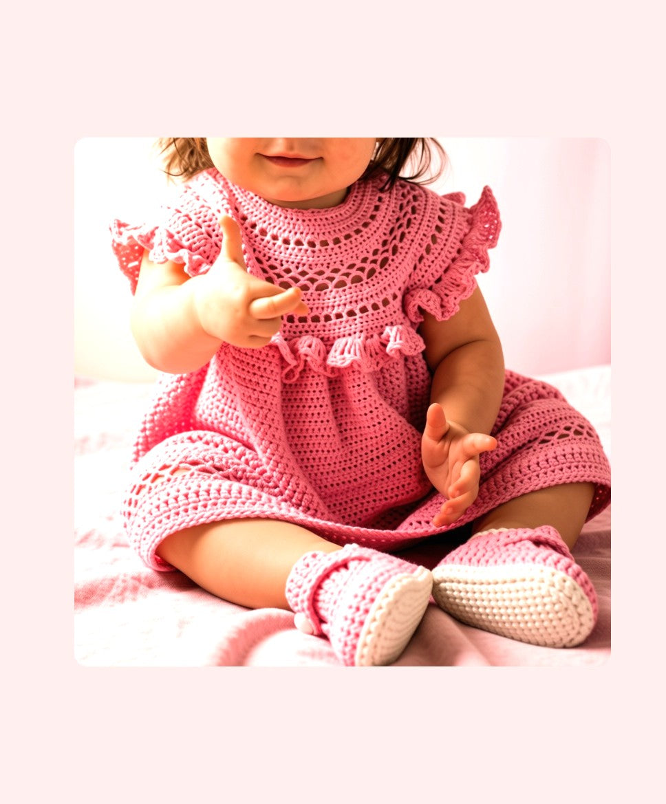 Vintage Crochet Pattern Baby Girl Ruffled Yoke Dress and Bootie Shoes Set Lacy Openwork PDF Instant Digital Download 6m - 12m