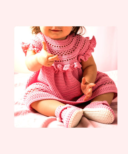 Vintage Crochet Pattern Baby Girl Ruffled Yoke Dress and Bootie Shoes Set Lacy Openwork PDF Instant Digital Download 6m - 12m