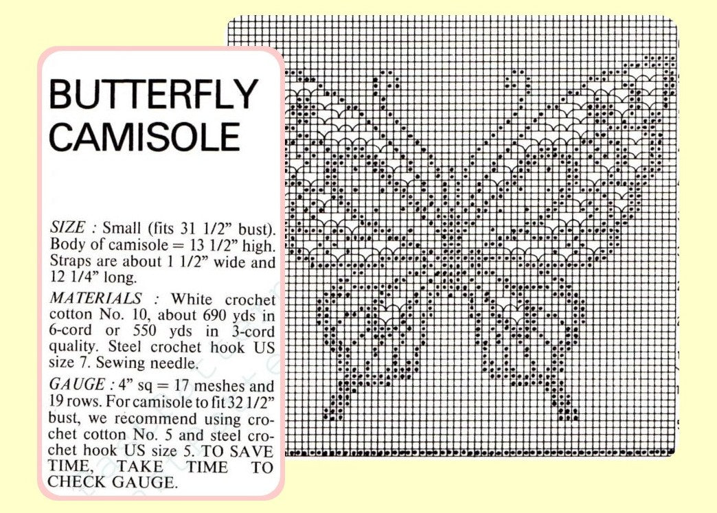 Vintage Crochet Pattern Filet Lace Camisole Top Retro Lacy Cotton Butterfly Cami PDF Instant Digital Download 80s Glam Girl