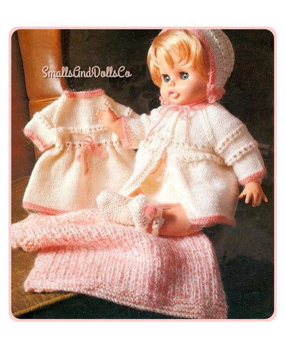 Vintage Knitting Pattern 18 20 Inch Baby Doll Layette Coat Dress Bonnet Shoes Blanket Set PDF Instant Digital Download DK