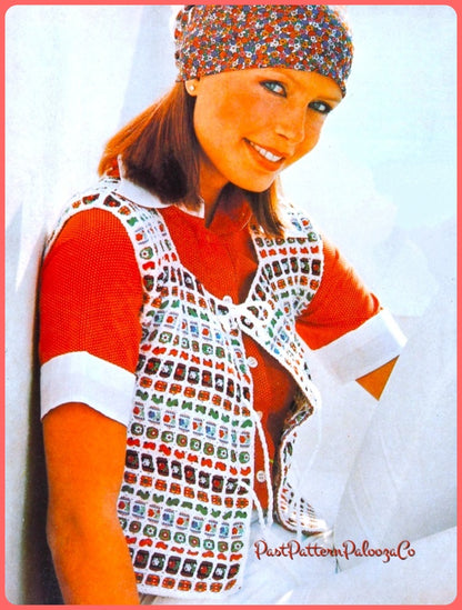 Vintage Crochet Pattern Womens Ribbon Vest PDF Instant Digital Download Groovy Mod Unique Button Up Waistcoat Top 4 Ply