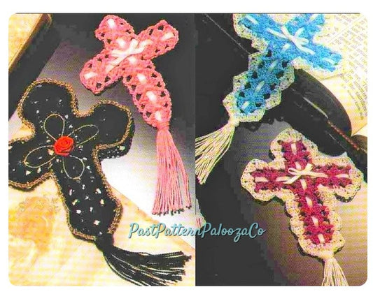 Vintage Thread Crochet Pattern Tasseled Crosses Bookmarks In 3 Sizes PDF Instant Digital Download Lacy Ribbons Roses Cross Designs