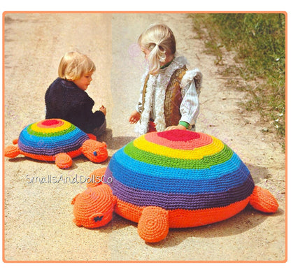 Vintage Crochet Pattern Big & Little Rainbow Turtles Soft Toy Amigurumi PDF Instant Digital Download Giant Mama Tortoise Floor Cushion