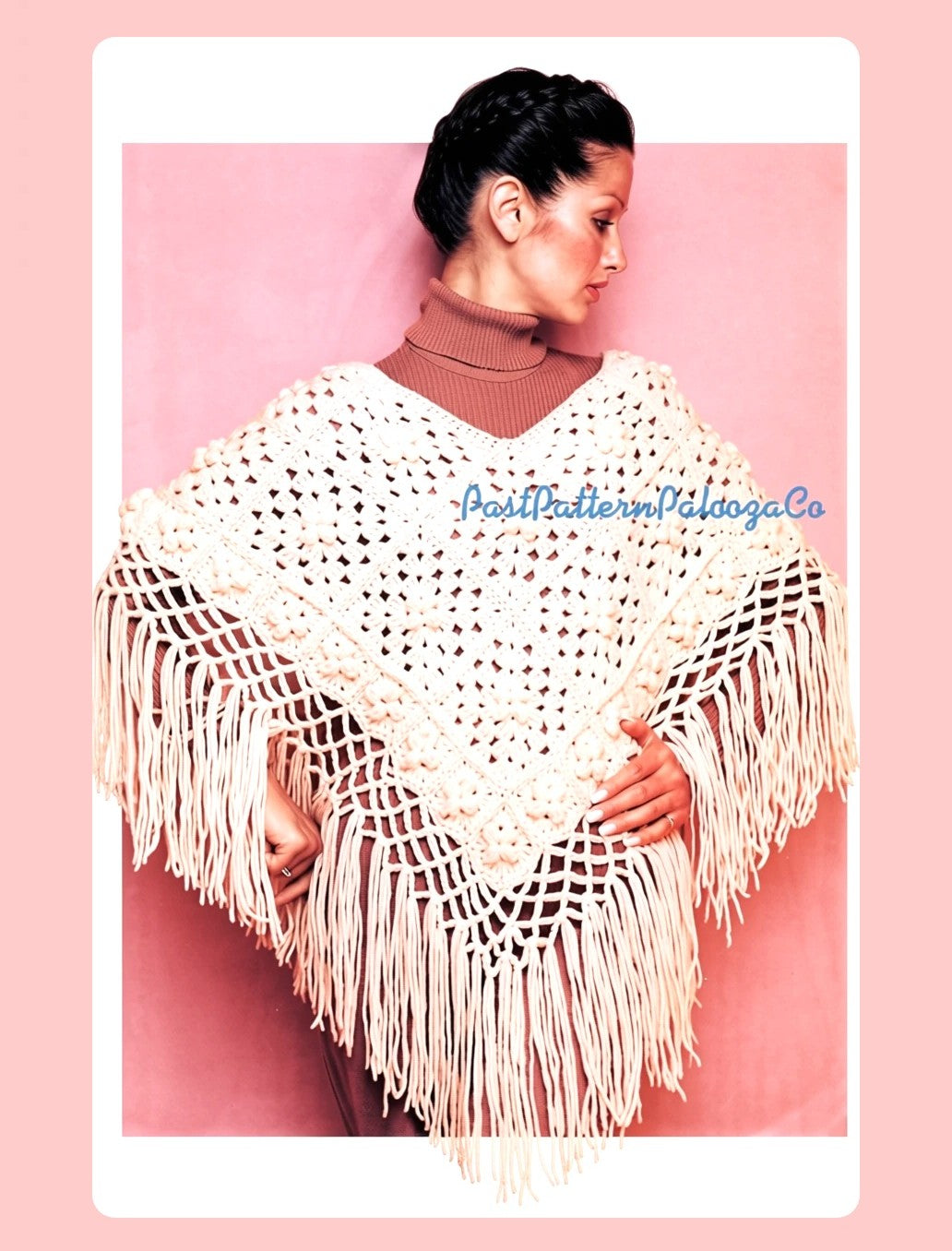 Vintage Crochet Pattern Womens Fringed Granny Square Poncho PDF Instant Digital Download 1970s Boho Hippie Chic Cape 10 Ply