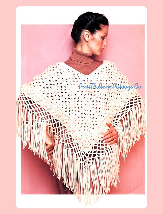 Vintage Crochet Pattern Womens Fringed Granny Square Poncho PDF Instant Digital Download 1970s Boho Hippie Chic Cape 10 Ply