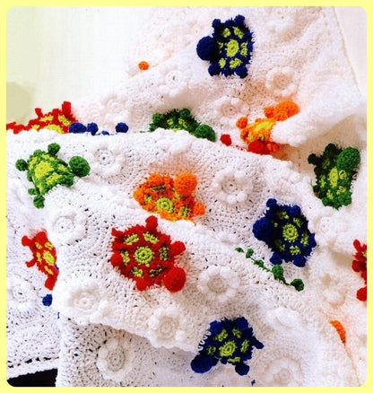 Vintage Crochet Turtle Afghan Pattern PDF Instant Digital Download Tortoise Flower Floral Motifs Animal Afghan Lapghan Blanket 10 Ply
