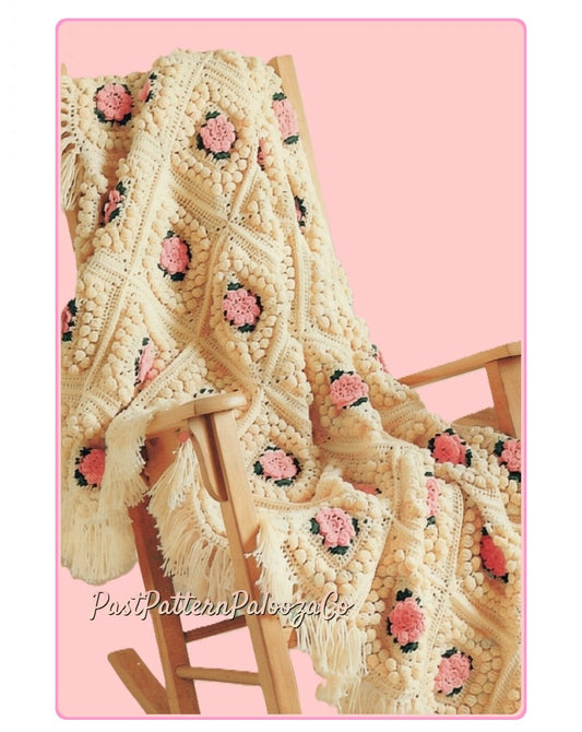 Vintage Crochet Pattern Floral Popcorn Granny Squares Afghan PDF Instant Digital Download Roses Flowers Large King Throw 81x100