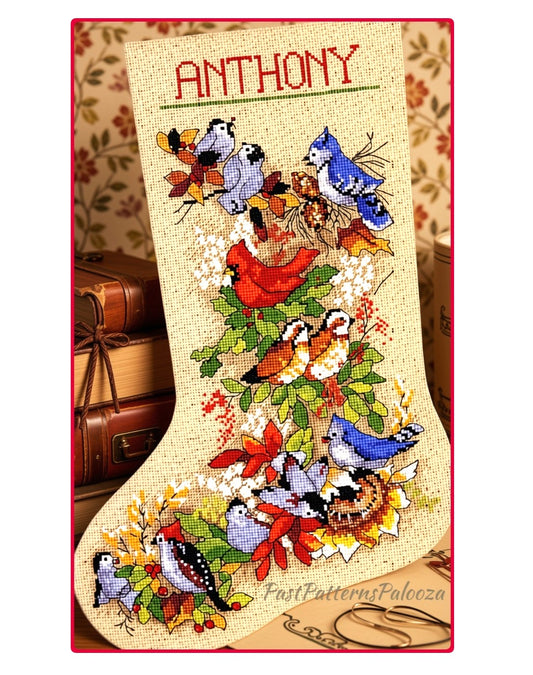 Vintage Cross Stitch Pattern 16" Heirloom Winter Forest Birds Christmas Stocking PDF Instant Digital Download Partridge Cardinal Blue Jay