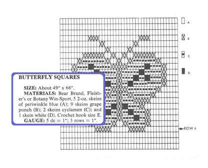 Vintage Crochet Pattern Retro Butterfly Squares Afghan PDF Instant Digital Download Net Filet Throw Butterflies Blanket 49x66 5 Ply