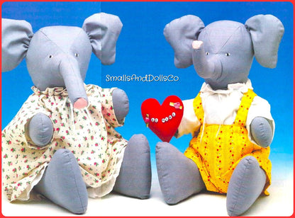 Vintage Sewing Pattern 18" Sitting Boy Girl Elephant Soft Toy Dolls Stuffed Animals PDF Instant Digital Download Buttoned Joints