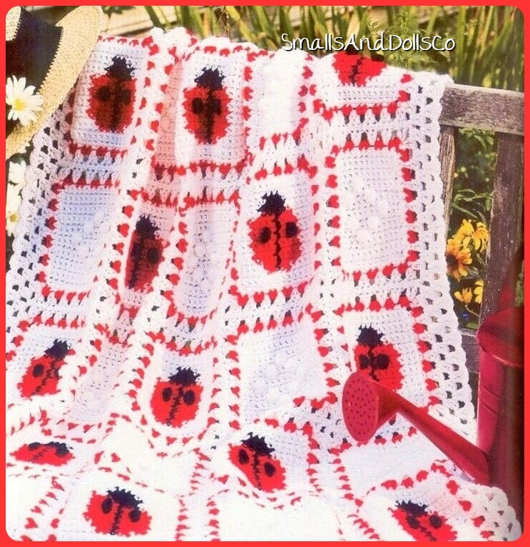 Vintage Crochet Pattern Ladybugs and Diamonds Afghan PDF Instant Digital Download Ladybug Square Motif Throw Blanket 32x44 5 Ply