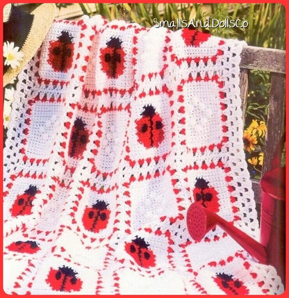 Vintage Crochet Pattern Ladybugs and Diamonds Afghan PDF Instant Digital Download Ladybug Square Motif Throw Blanket 32x44 5 Ply