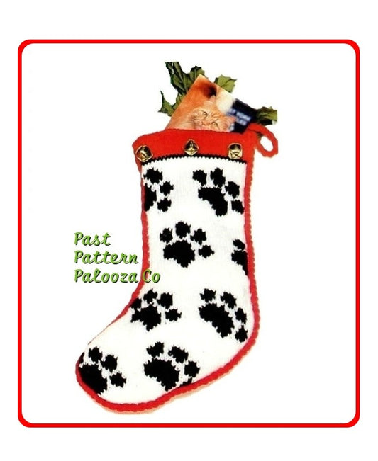 Vintage Knitting Pattern 17" Pet Paw Prints Christmas Stocking for Your Kitty Cat or Dog PDF Instant Download Jingle Bells Pet Sock 10 Ply