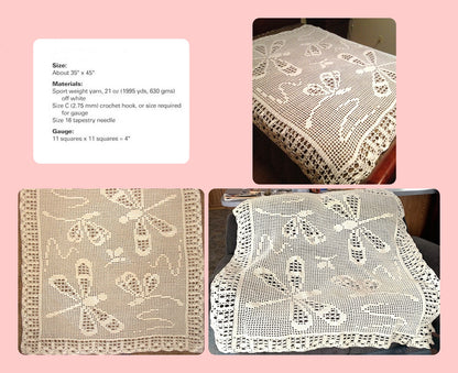 Vintage Filet Crochet Pattern Pretty Dragonfly Afghan Instant Digital Download Dragonflies Throw Blanket 35x45 5 Ply