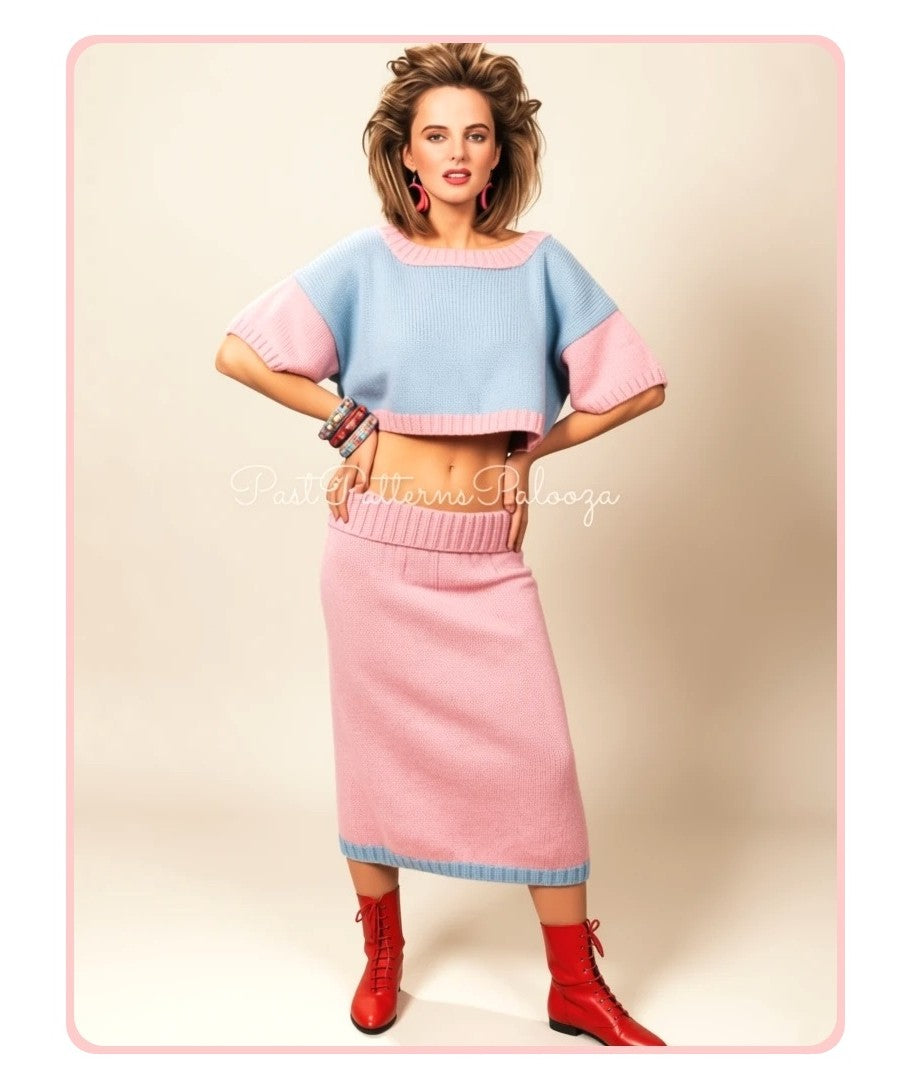 Vintage Knitting Pattern Womens Bare Midriff Midi Suit PDF Instant Digital Download Two-Tone Retro '80s Crop Top & Skirt Set DK