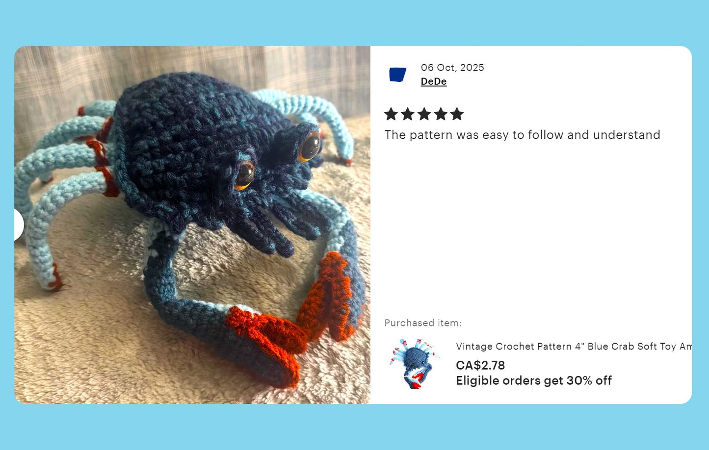 Vintage Crochet Pattern 4" Blue Crab Soft Toy Amigurumi PDF Instant Digital Download Crustacean Realistic Plush Stuffed Sea Life Doll 4 Ply
