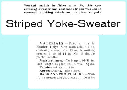Vintage Knitting Pattern Womens Simple Striped Yoke Ribbed Sweater Top PDF Instant Digital Download Fisherman Knit 4 Ply