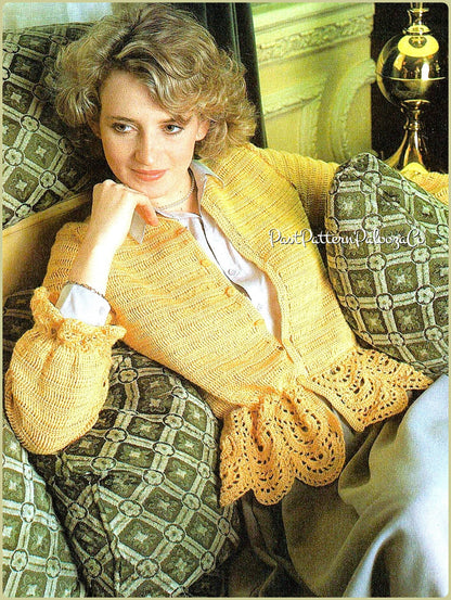 Vintage Crochet Pattern Womens Scalloped Peplum Cardigan Sweater Blouse Top PDF Instant Digital Download Romantic Feminine Cardi 4 Ply