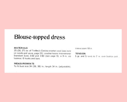 Vintage Crochet Pattern Womens Pretty Blouse Topped Dress PDF Instant Digital Download Cinched Waist Treble Shell Stitch 4 Ply 1971