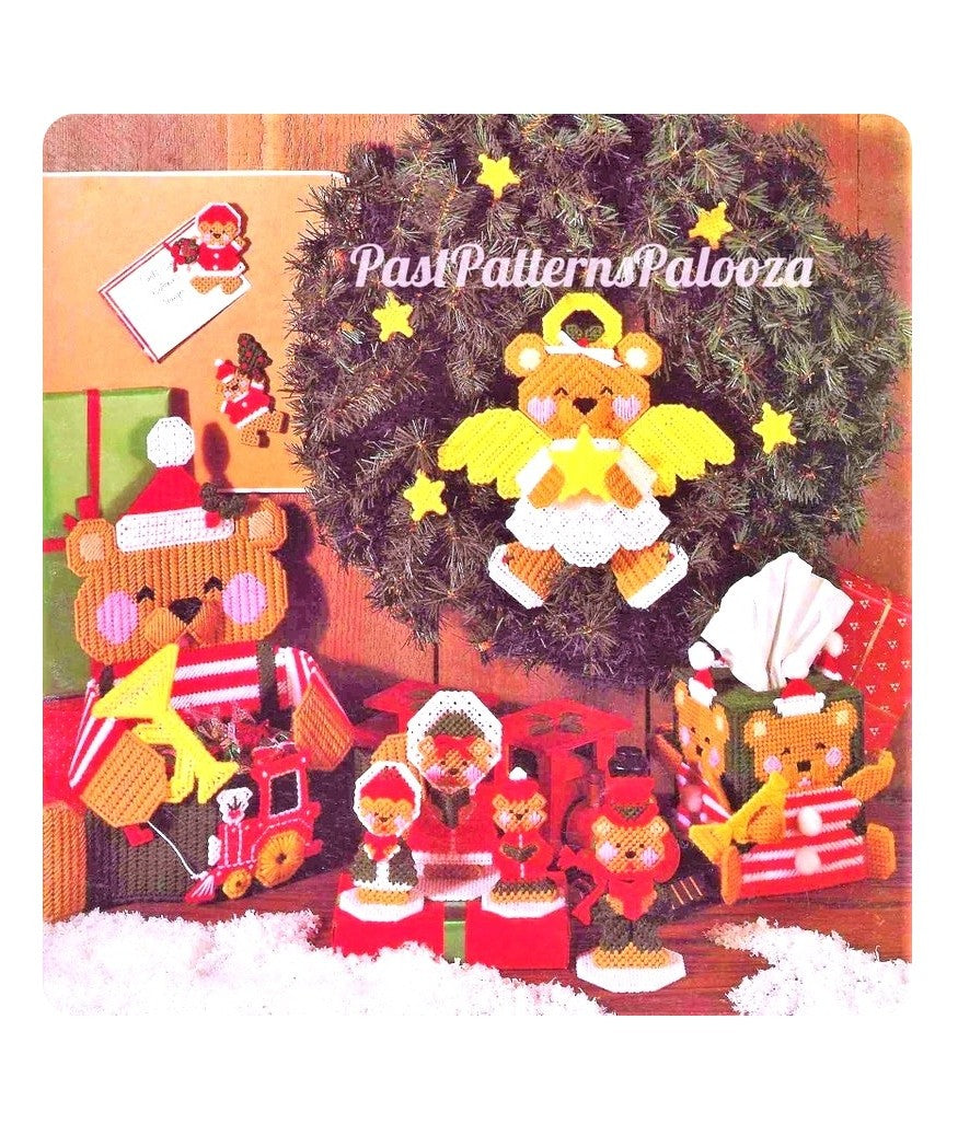 Vintage Plastic Canvas Pattern Christmas Teddy Bear Ornaments Tissue Cover Caddy Angel Bear Tree Topper PDF Instant Digital Download