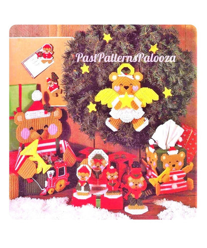 Vintage Plastic Canvas Pattern Christmas Teddy Bear Ornaments Tissue Cover Caddy Angel Bear Tree Topper PDF Instant Digital Download