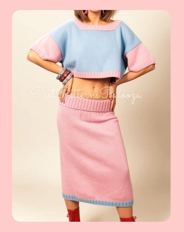 Vintage Knitting Pattern Womens Bare Midriff Midi Suit PDF Instant Digital Download Two-Tone Retro '80s Crop Top & Skirt Set DK