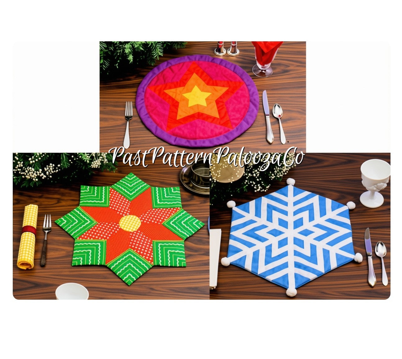 Vintage Sewing Pattern Christmas Holiday Place Mats 3 Patchwork Designs Star Poinsettia Snowflake PDF Instant Digital Download Quilted Cotton Fabric