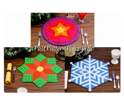 Vintage Sewing Pattern Christmas Holiday Place Mats 3 Patchwork Designs Star Poinsettia Snowflake PDF Instant Digital Download Quilted Cotton Fabric