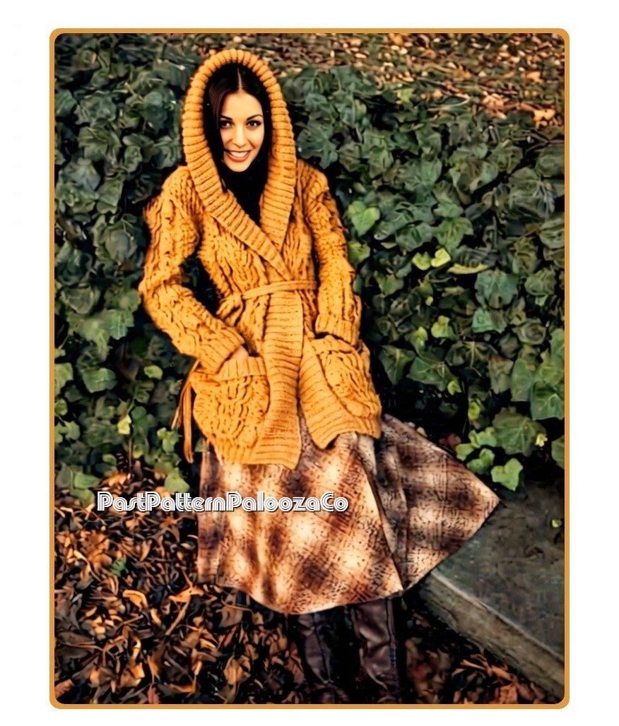 Vintage Knitting Pattern Womens Hooded Cable Cardigan Sweater Jacket PDF Instant Digital Download Oversize Hood Belted Cardi 1970s 12 Ply