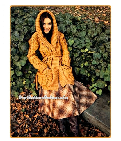 Vintage Knitting Pattern Womens Hooded Cable Cardigan Sweater Jacket PDF Instant Digital Download Oversize Hood Belted Cardi 1970s 12 Ply