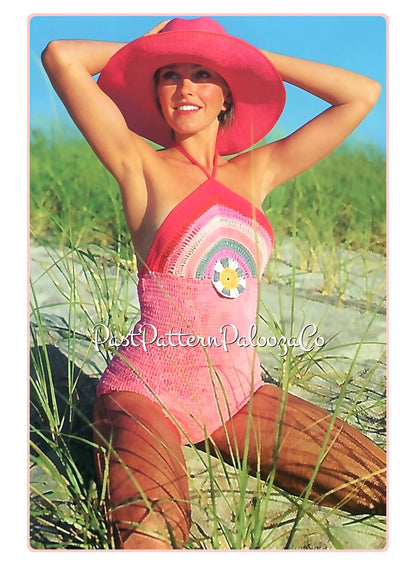 Vintage Crochet Pattern Halter Top Bathing Suit One Piece Swimsuit PDF Instant Digital Download Retro 70s Sunrise Rainbow Medallion