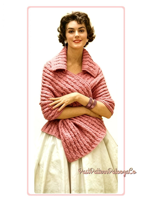 Vintage Knitting Pattern Womens Wrap Shawl Cabled Collared Stole PDF Instant Digital Download Retro MCM 1950s Cape DK