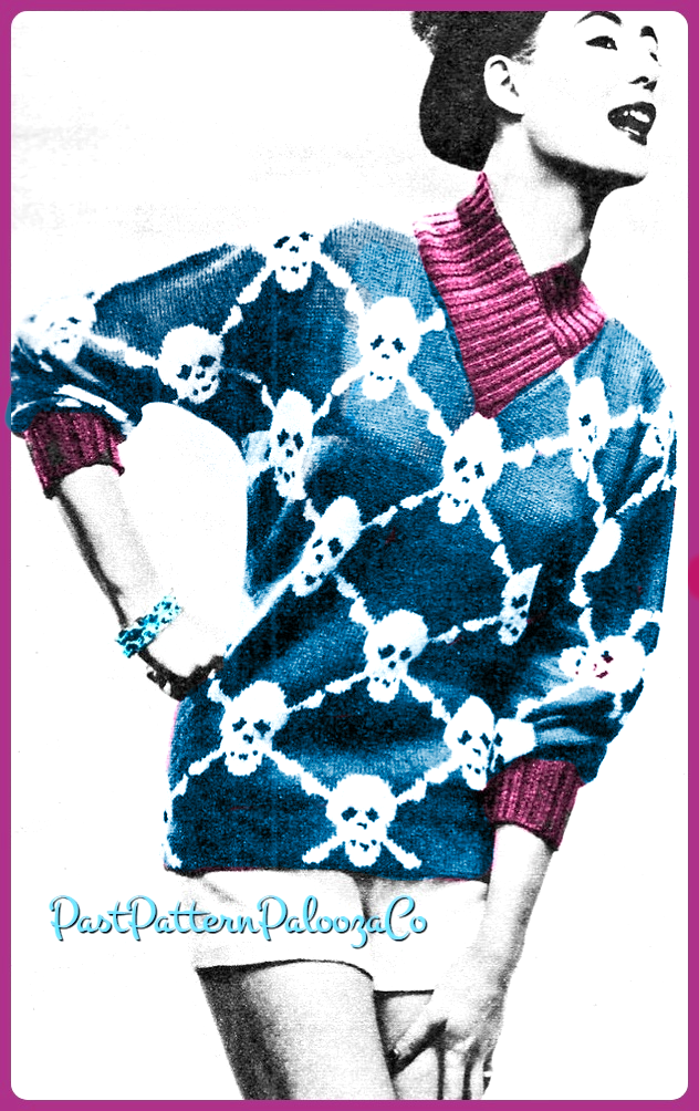 Vintage Knitting Pattern Womens Skull Crossbones Sweater Jolly Roger Pirate Motif Jumper PDF Instant Digital Download Pullover DK