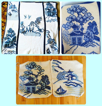 Vintage Crochet Afghan Pattern Blue Willow China Tunisian Stitch PDF Instant Digital Download Cross Stitched Ancient Chinese Scenery Motifs