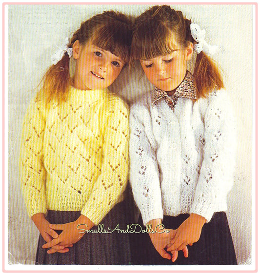 Vintage Knitting Pattern Girls Lacy Eyelet Sweaters Cardigan & Pullover PDF Instant Digital Download Toddler and Big Girls 1 - 10 Yrs 12 Ply