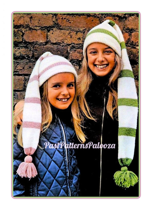 Vintage Knitting Pattern Childs Girls Long Striped Stocking Cap Hat PDF Instant Digital Download Quick Easy Retro Scarf-Hat 4 Ply