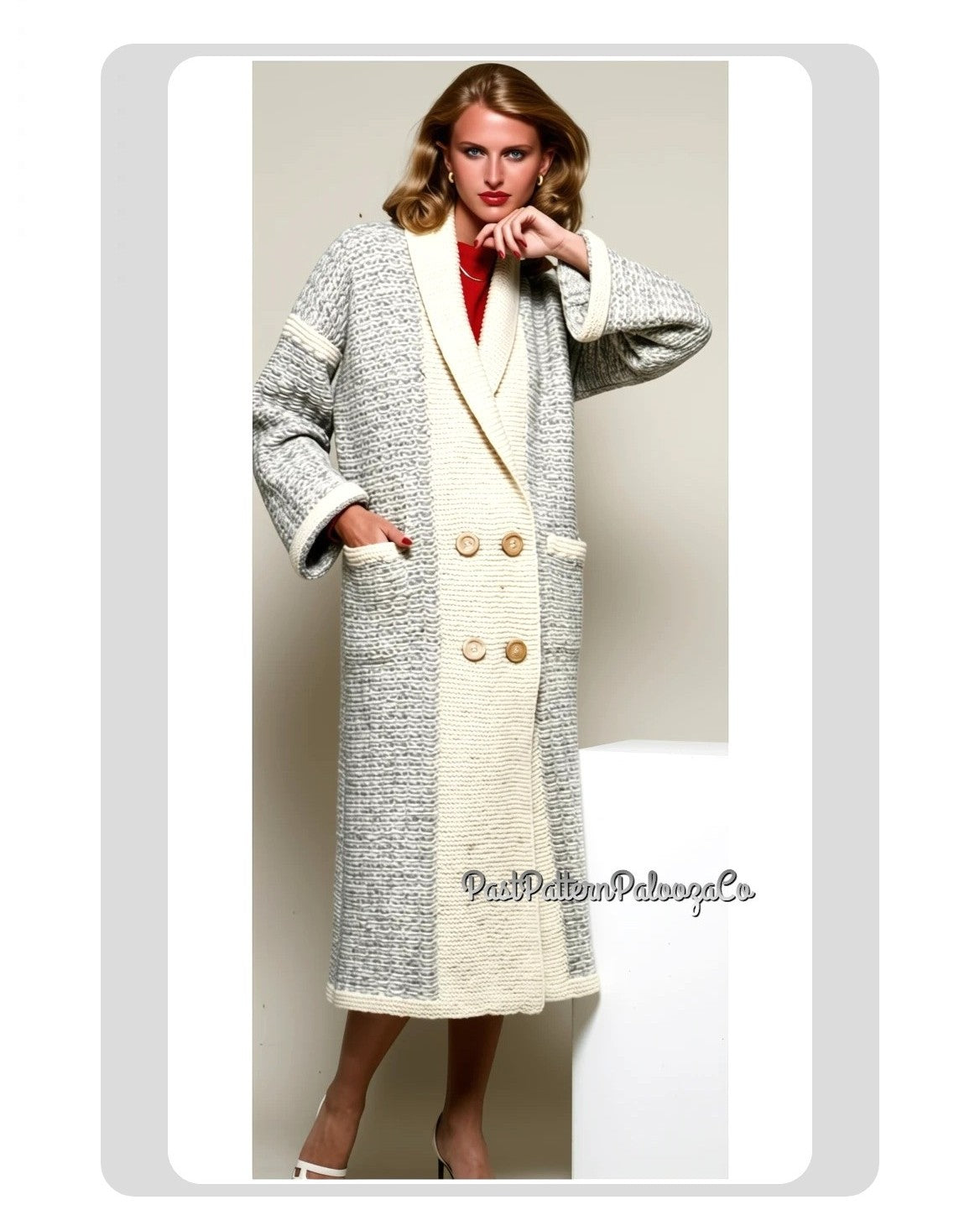 Vintage Knitting Pattern Womens Shawl Collar Long Coat PDF Instant Digital Download Retro 70s Double Breasted