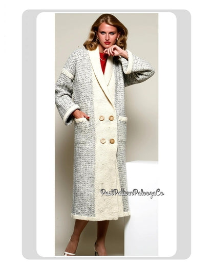 Vintage Knitting Pattern Womens Shawl Collar Long Coat PDF Instant Digital Download Retro 70s Double Breasted